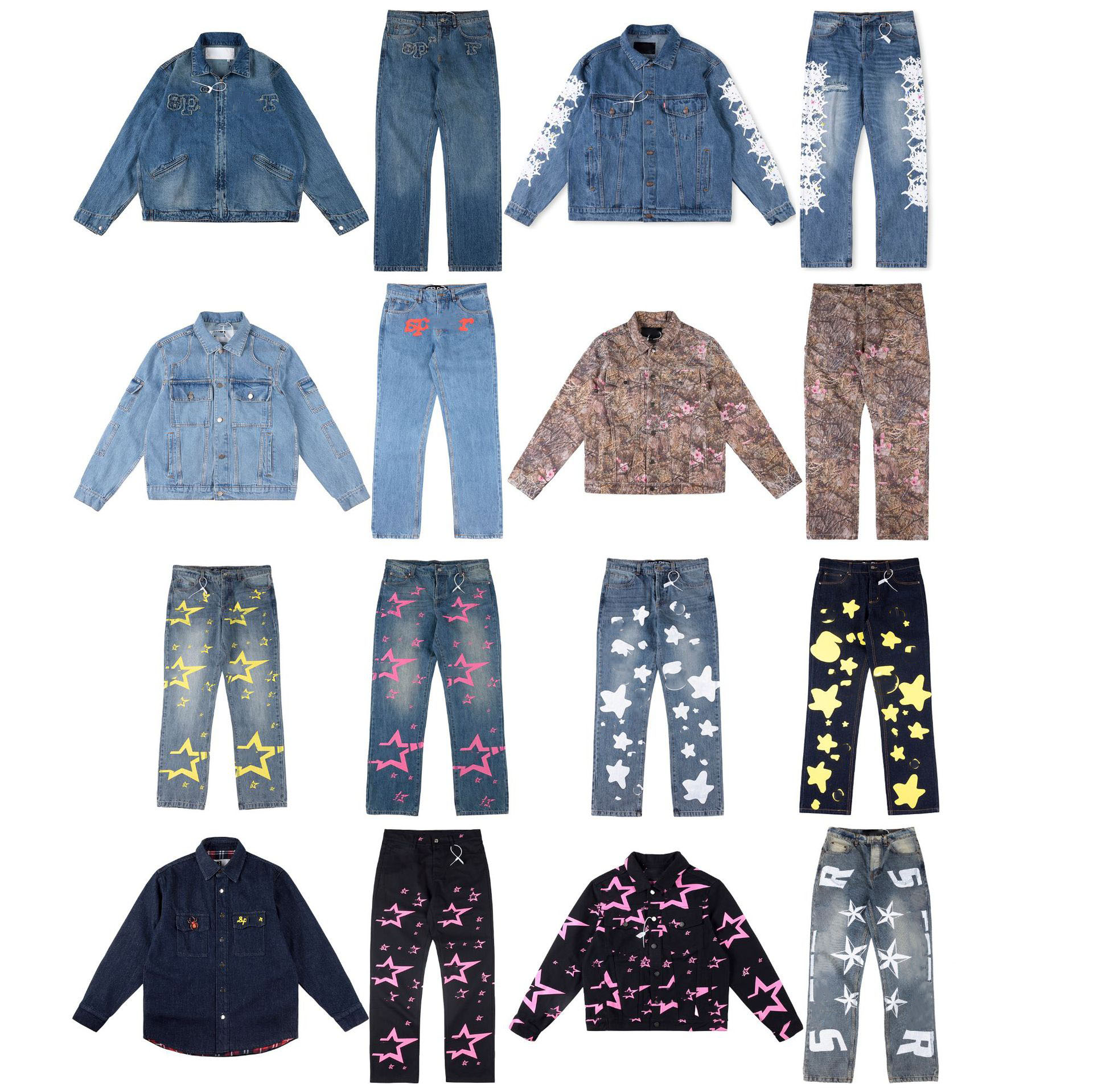 Designer Camouflage Denim Jacket Streetwear Retro Hip Hop Letter Pattern Washed Baggy Jeans Men