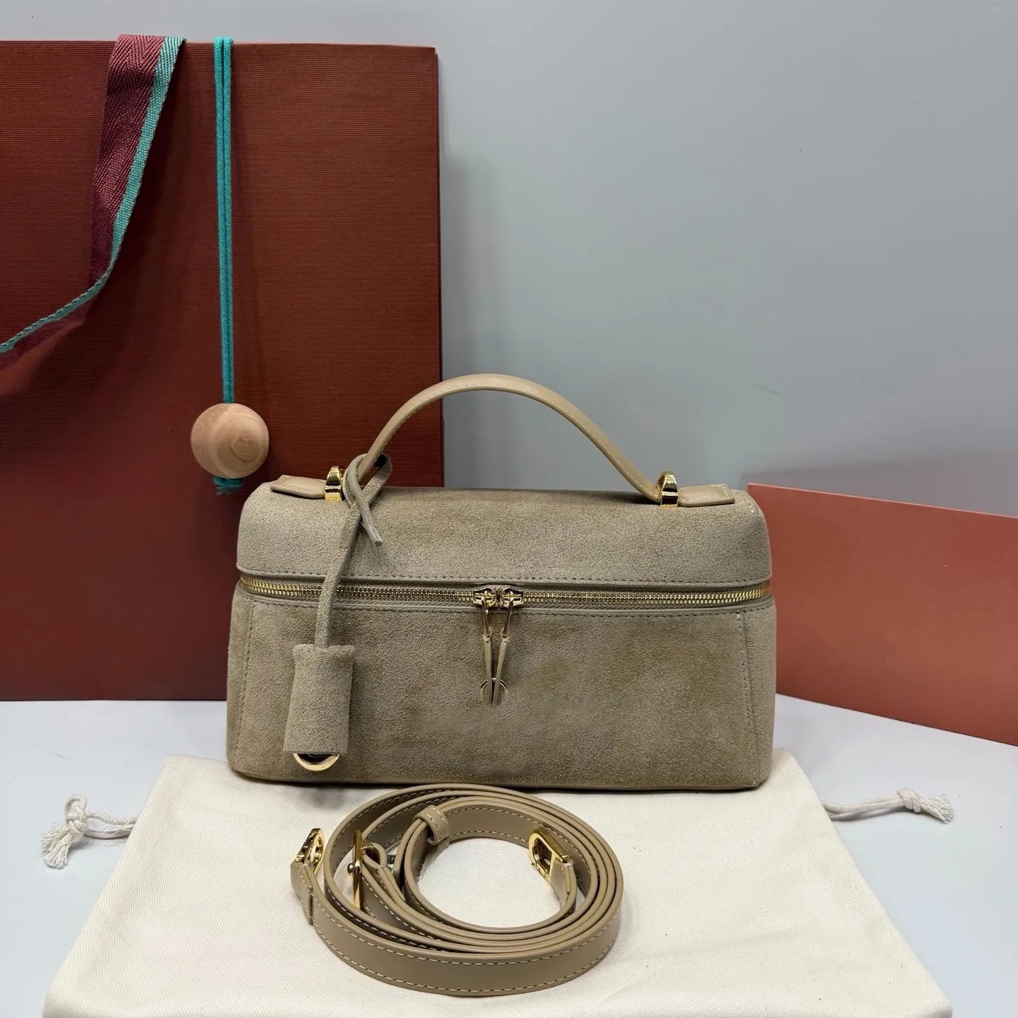 Real Suede Leather Vanity Case Handbag Women Tote Tweed Top Handle Extra Bag Gold Zipper Padlock Charm Key Cover Designer Style Luxury Evening Party