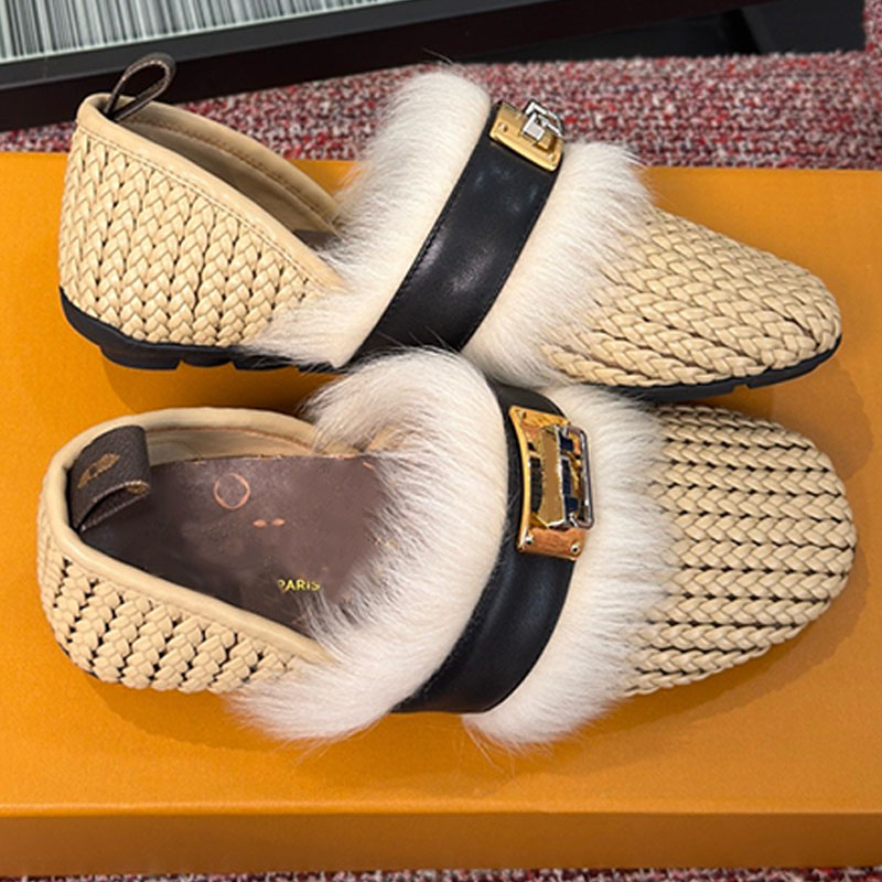 Women Braided calf leathers Haven Flat Closed Mules Unique fluffy shearling trim gold toned Swing Lock Mules Comfort supple mesh base Classic style