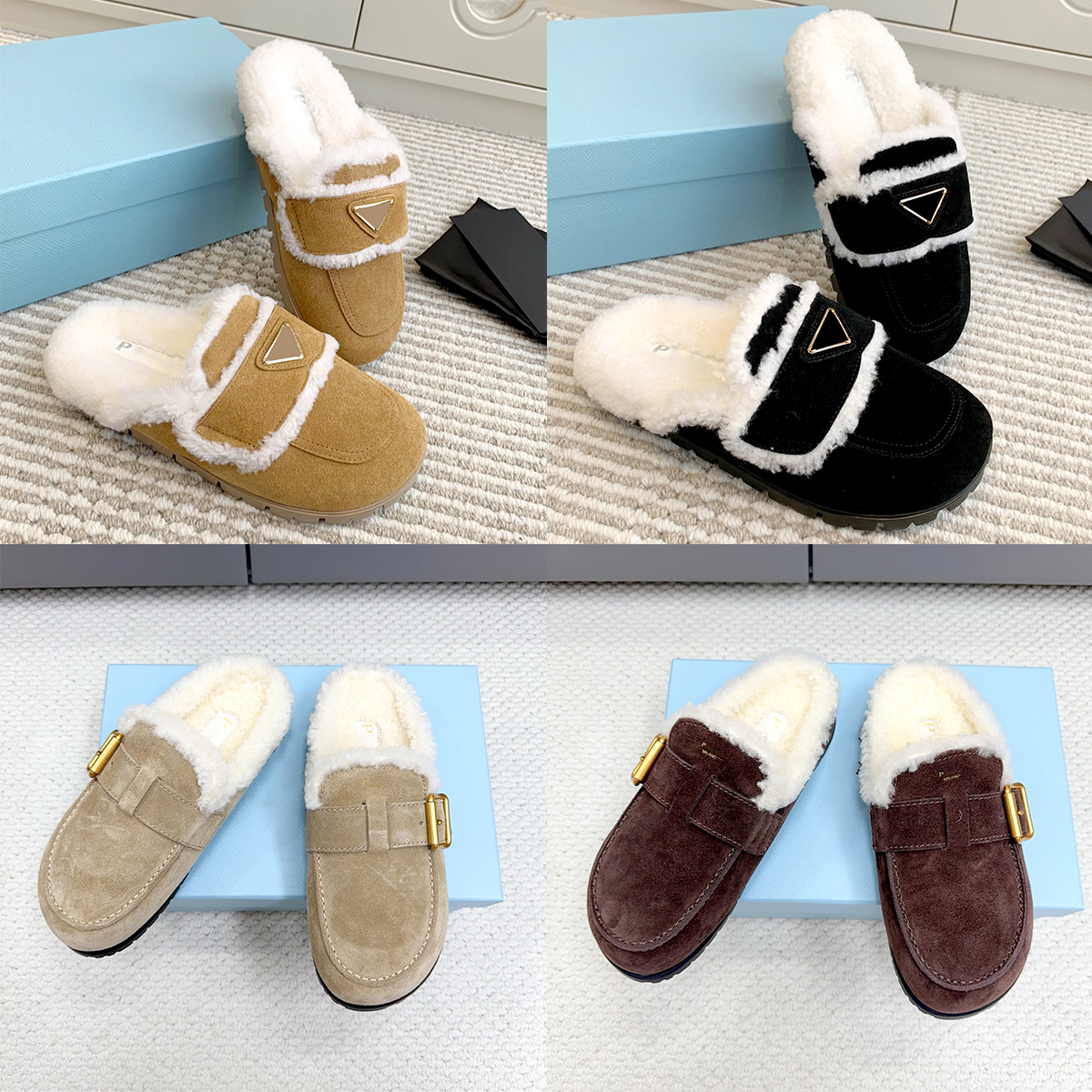 platform Mule Fur tazz slippers Triangle Metal sheet Winter warm Wool slide luxury Designer Fashion indoor Home brown Teddy Furry casual shoe For Wo