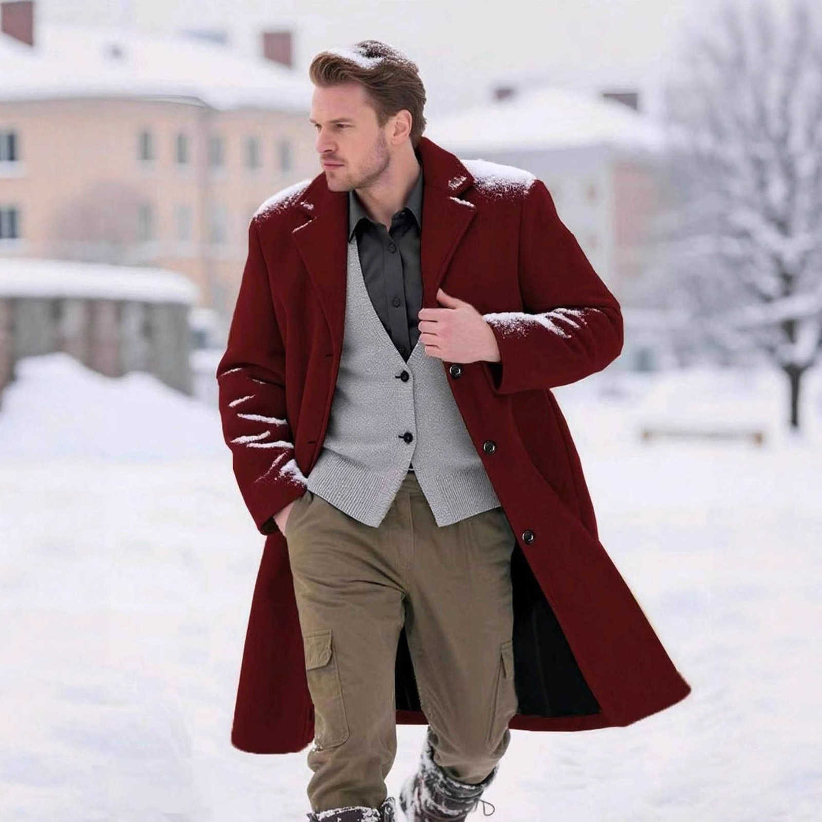 Simple Men's Party Casual Fashion Solid Color Light Woolen Trench Coat D260902