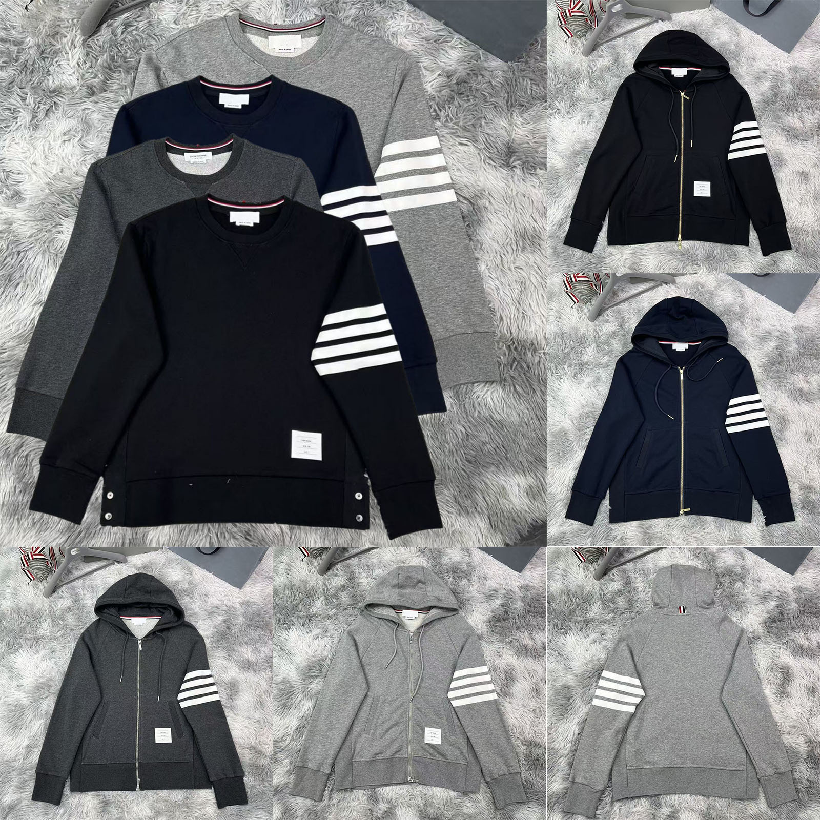 Luxury Designer Four Stripes Cotton Zip up Hoodie Long Sleeve Terry Pullover Sweatshirts for Men