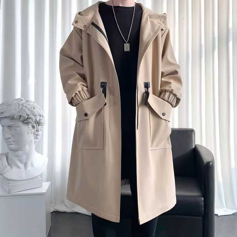 Coat Men Long Hooded Trench Loose Oversized Windbreaker Over Knee Drawstring Waist Casual Jacket Youth Streetwear Spring Autumn D260902