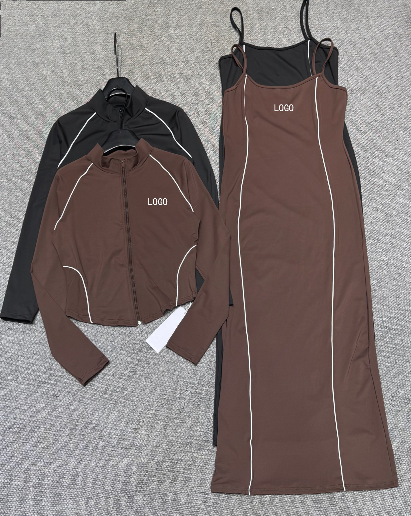 Womens Sports Two-Piece Set Spaghetti Strap Long Dress Zip Jacket Multiple Colors (Brown/Black) Yoga Fitness Casual Wear