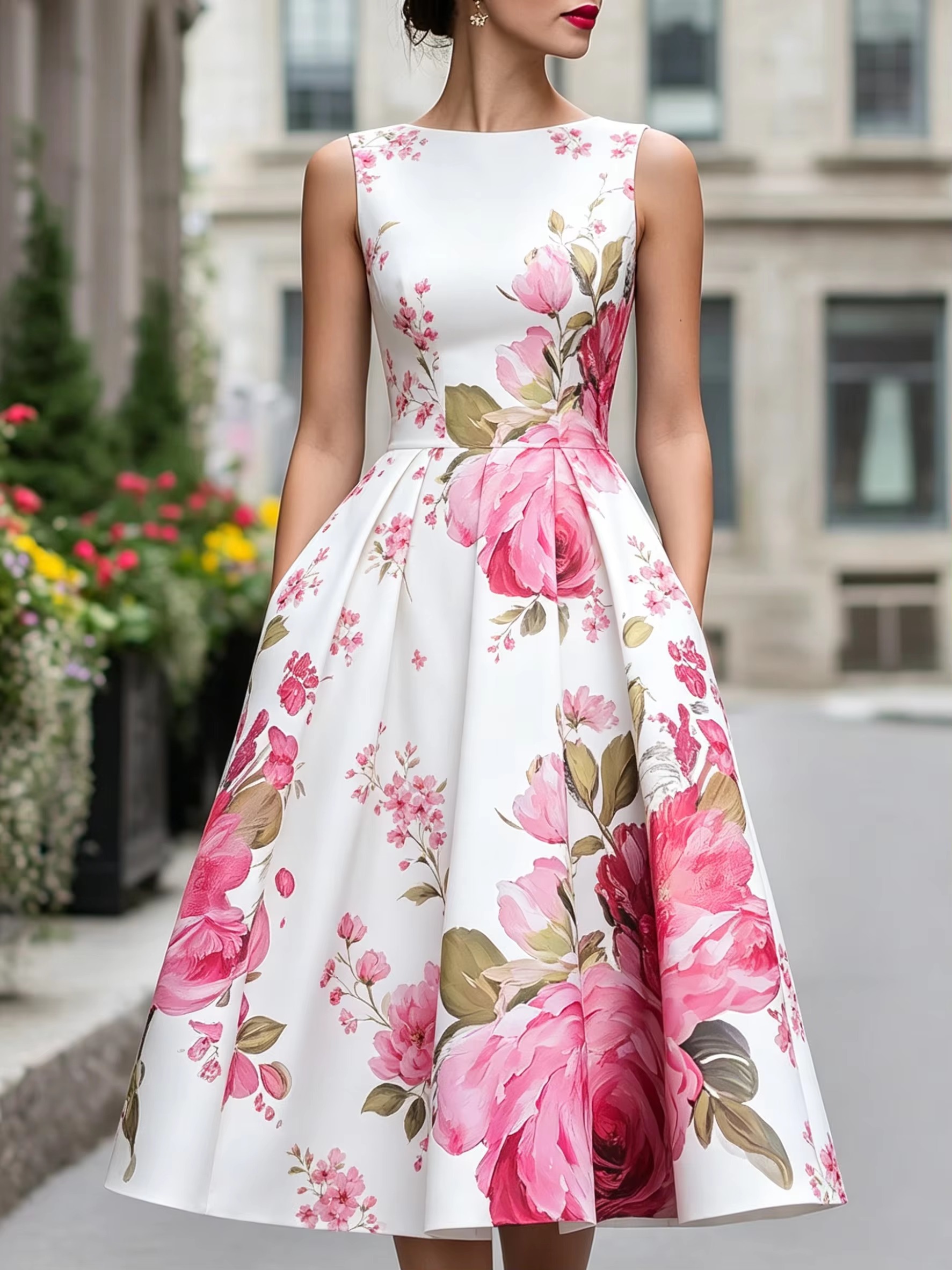 Women's Elegant Floral Print Sexy Sleeveless A-Line Midi Dress Casual Summer Dresses Fitted Street Vacation Trendy Clothing