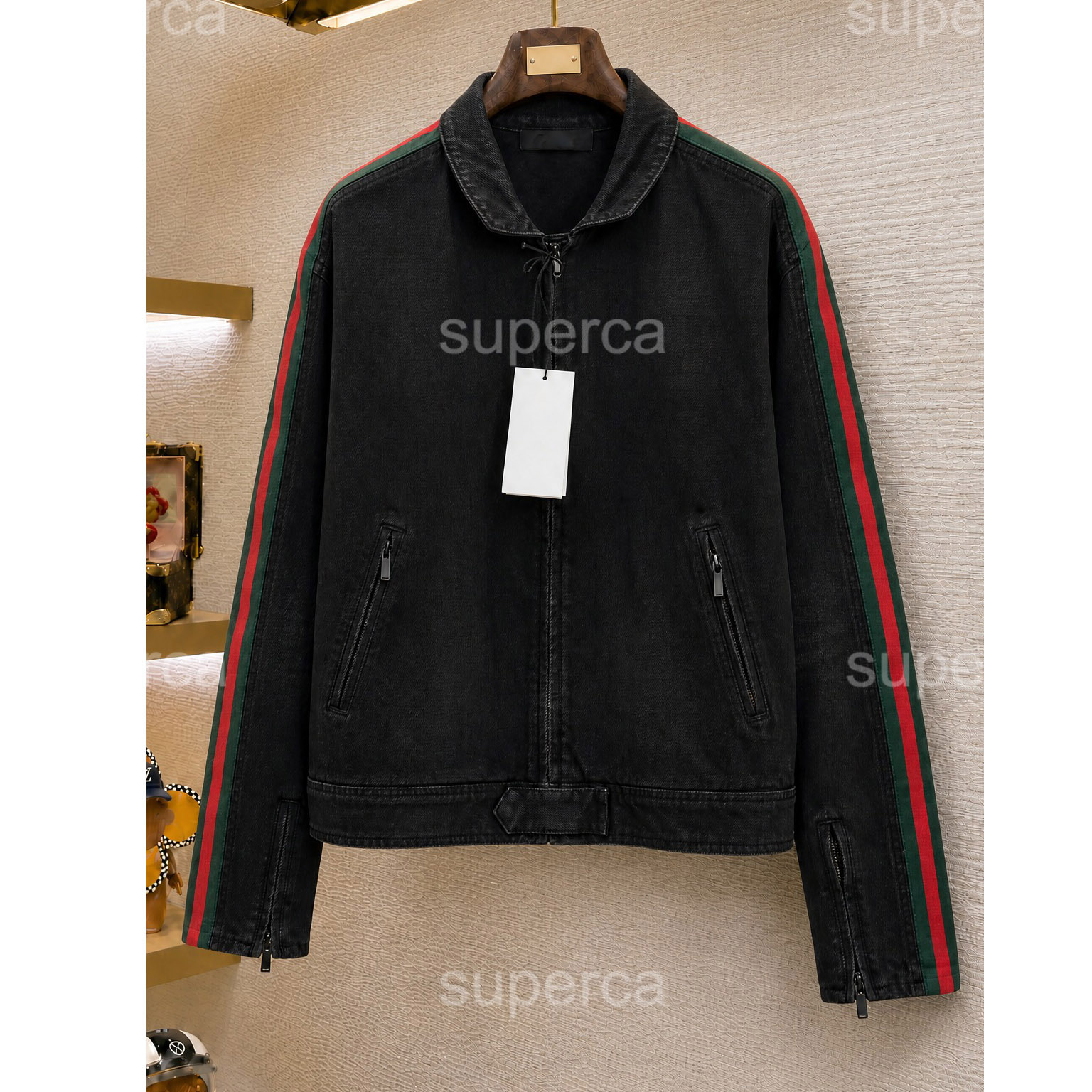 Luxury Designer Unisex Denim Jacket Black Zipper Striped Sleeves Moto Biker Coat Vintage Casual Outerwear
