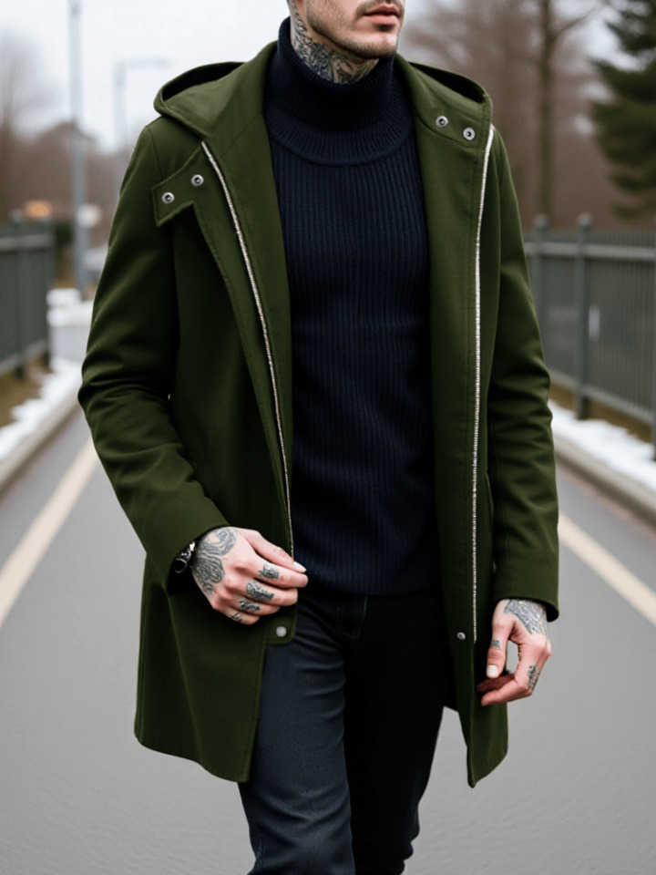 British Zippered Overcoat in Vintage Style Hooded Thickened Wool Blend for Winter Windproof Warm Trench Fashion D260902