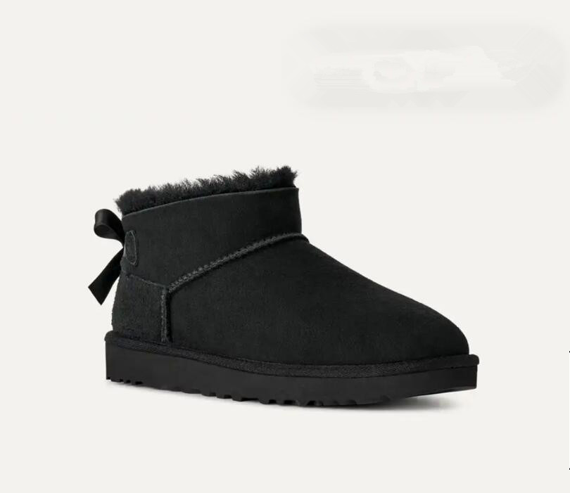 W Ultra Mini Bow Women Snow Boots Fur Lined Flat Ankle Booties Back Bow Knot Decor Non Slip Warm Winter Short Boots for Ladies Daily Wear
