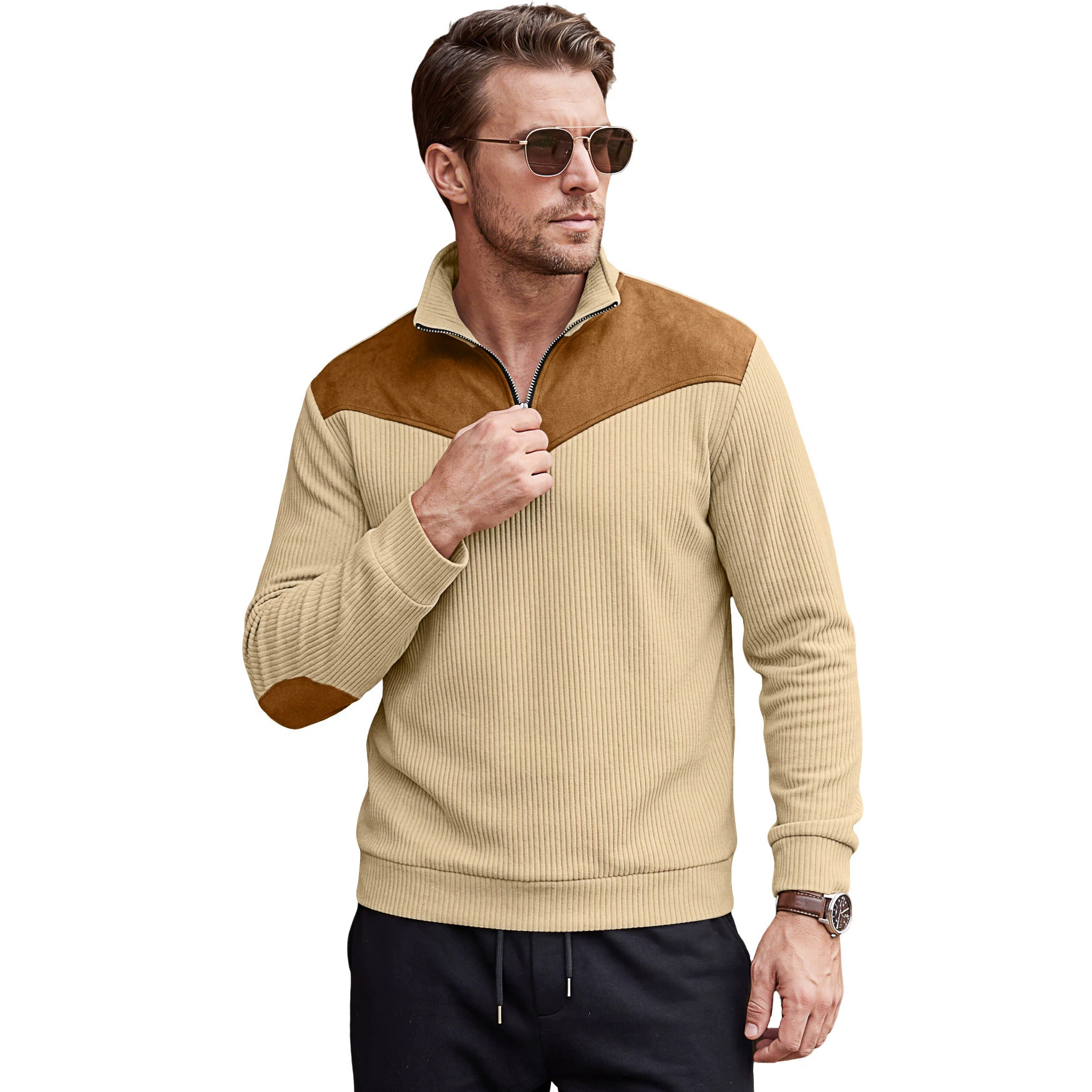 Designer zippered polo shirt autumn and winter men's leather paneled sweatshirt with turn down collar Amazon 26 new model long sleeved vertical