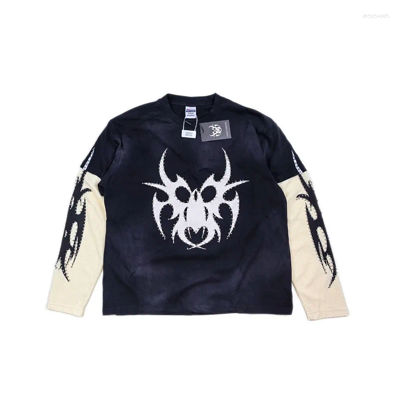 Men's T Shirts CHEW FOREVER Printing Oversize Washed Black All Seasons Long Sleeve O-Neck False Two-Piece Men Women Tshirt Cotton High