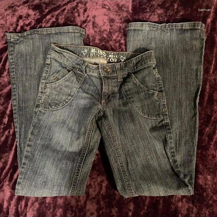 Jeans da donna Y2K Retro Grigio A vita bassa Flare Harajuku Moda Tasca Denim Pantaloni Goth Girl Slim Fit Pantaloni Donna Gamba dritta 08