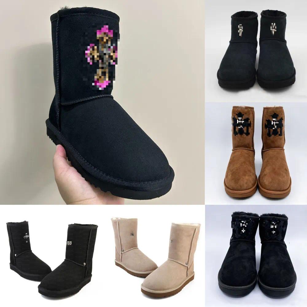 Top Designer Snow Boots, Unisex Thick-Soled Boots, Brown, Black, Pink, Mid-Length Winter Boots, Non-Slip, Warm, Thick-Sole Chrome Leopard Print Boot