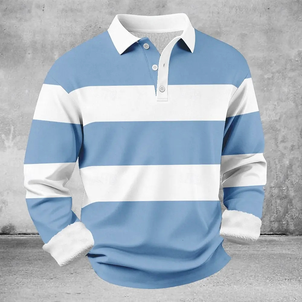 Mens Long Sleeve Striped Rugby Shirt TurnDown Collar Top for Daily Wear Casual Gatherings Relaxed Weekend Looks 260903 d7