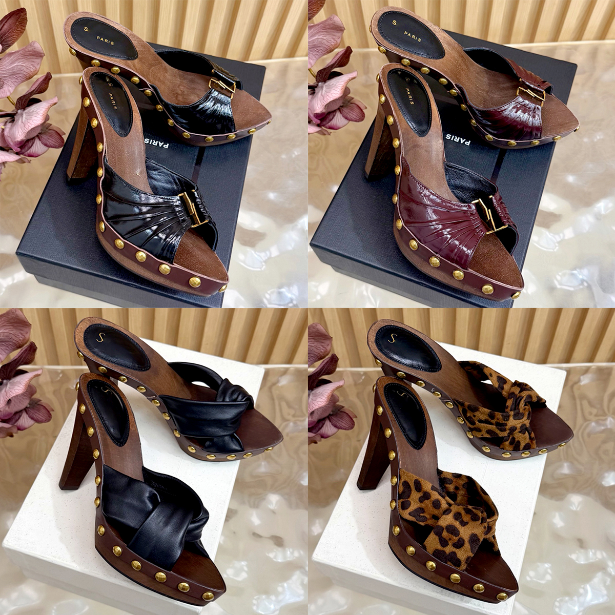 Wood heel slippers sandal Summer Party 10a Metal Studs sandale High Heel Leopard Suede Leather pub Date Dress Shoes luxury Designer womens slide Sli