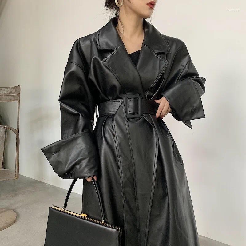 Women's Leather Long Oversized Pu Trench Coat For Women Sleeve Lapel Loose Fit Fall Stylish Black Clothing Streetwear 82