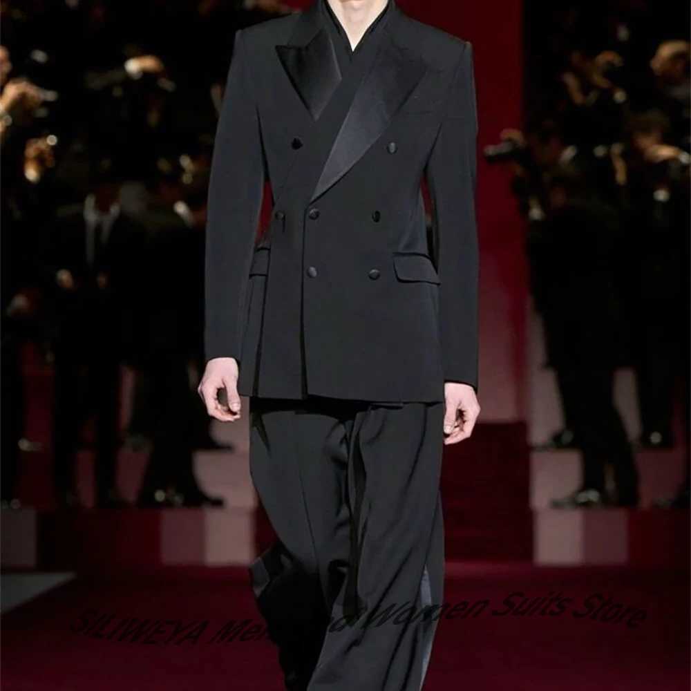 Black Men's Three Breasted Suits 2-piece Set Satin Peaked Lapel Blazer+Satin-trimmed Pants Formal Wedding Evening Party OutfitT260903