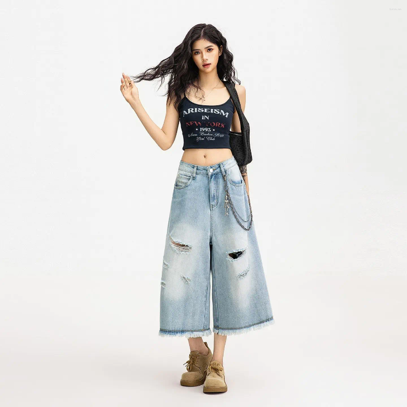 Jeans da donna American Vintage a vita alta strappati larghi gamba larga Pantaloni in denim corto dritti indossati drappeggiati versatili 5f