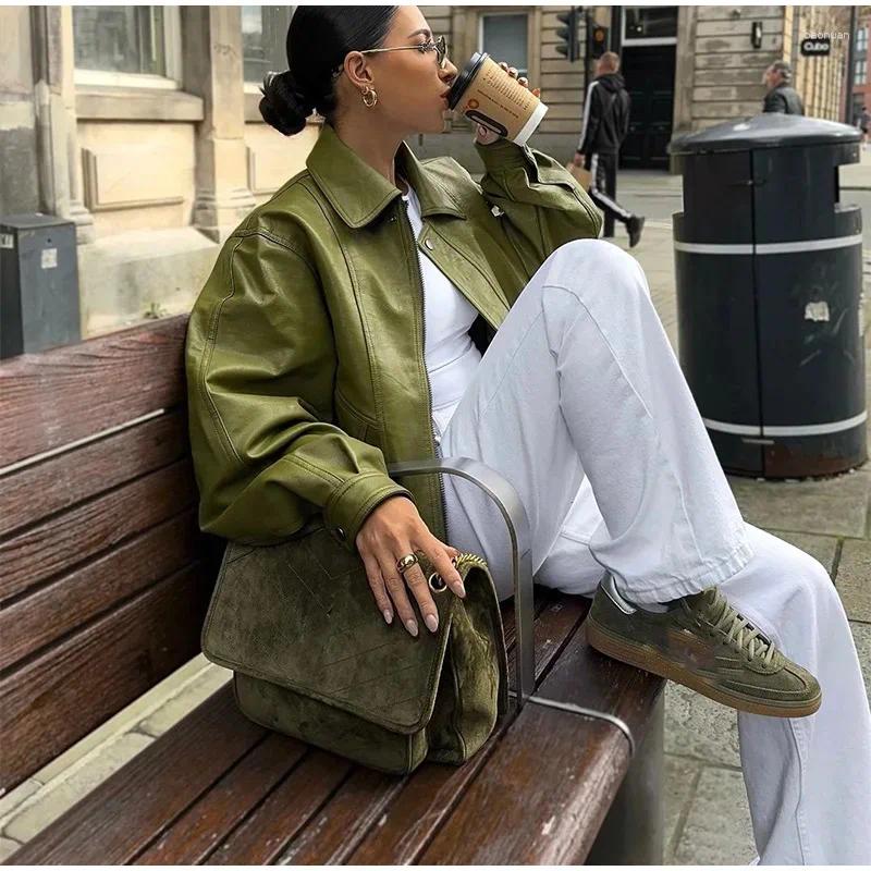 Women's Leather European And American Autumn winter Styles Fashion Korean style Green Jacket Loose PU Coat For Women b3