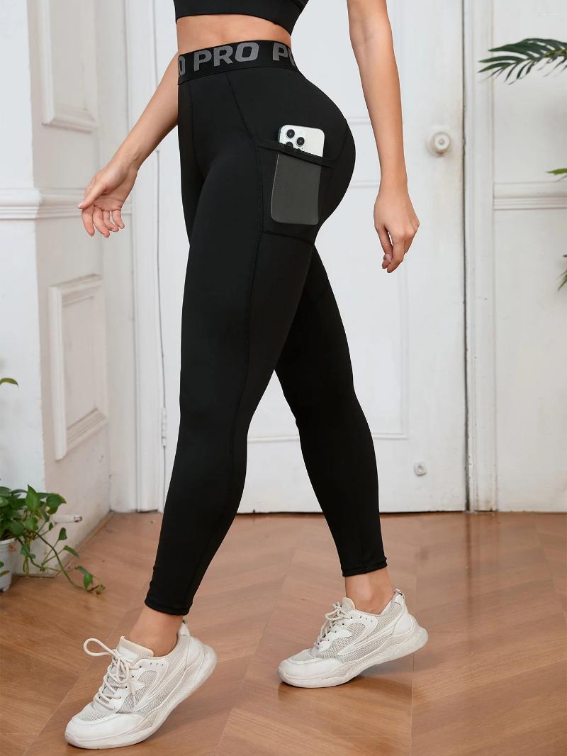 Active Pants High Waist Yoga Leggings Women Letter Printing Stretch Workout Running With Side Pockets Casual Versatile