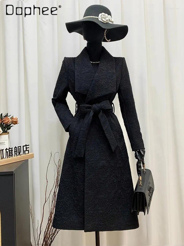 Women's Trench Coats Elegant Black Jacquard Coat For Women Lapel Belted Waist Long Overcoat Luxury Office Lady Formal Business Casual f9