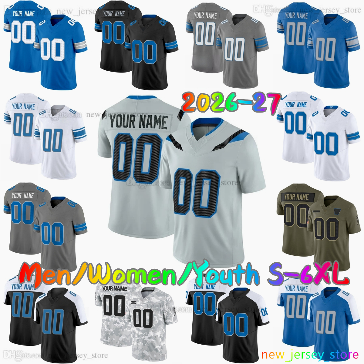 2026-27 Custom DIY Nouveau 16 Jared Goff Football Jersey 32 Brian Branch 31 Kerby Joseph 4 D.J. Reed 10 Isiah Pacheco 20 Barry Sanders 81 Calvin