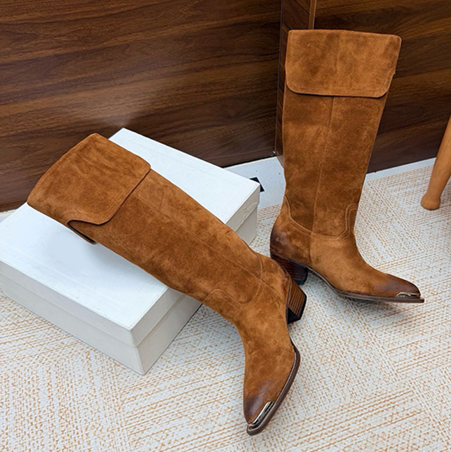 Retro Western Cowboy Style Kneehigh Boots High Quality Suede Leather Shoe Toe Metal Package Tip Fashionable Buckle Design Womens Boots Street Leisur