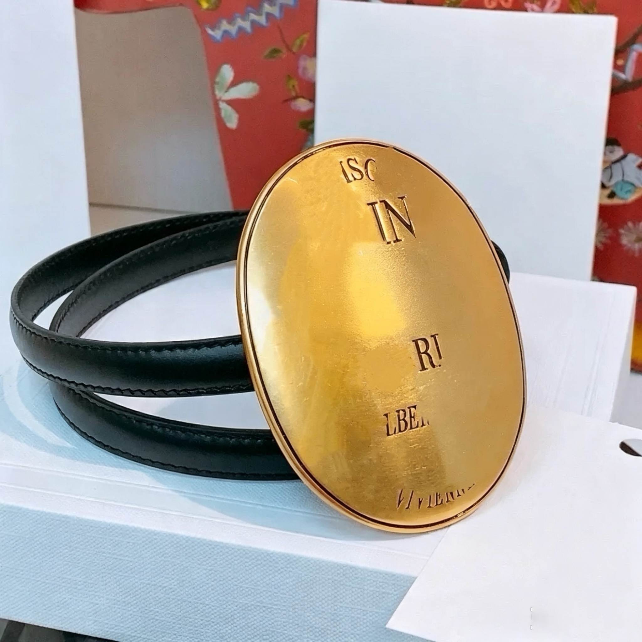 Designer women thin leather belt 13mm vintage oval metal engraved buckle black 12A genuine leather high quality belt for dresses jeans with box 9cm
