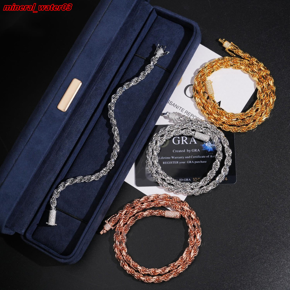 6MM Hip Hop Men 925 Sterling Silver Iced Out Vvs1 Moissanite Diamond Lock Gold Rope Chain Ready to Ship Fine Jewelry Necklace