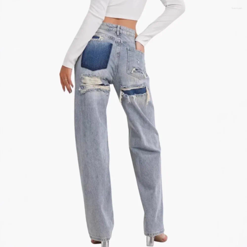 Jeans da donna Fori rotti Pantaloni larghi alla moda Colore sfumato Pantaloni streetwear casual Solido decorato f4