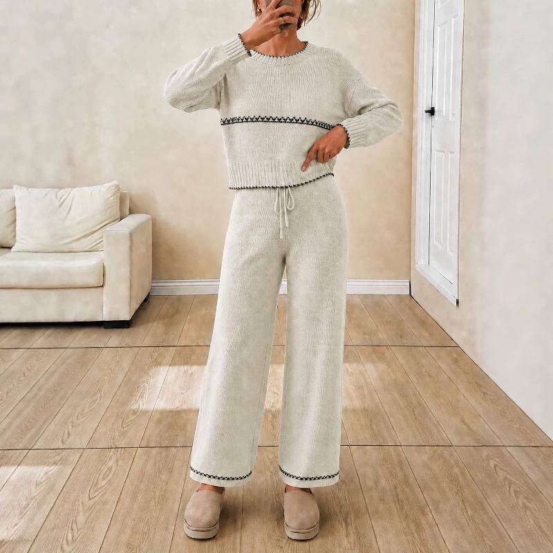 Ensemble deux pièces en tricot pour femmes, pull à manches longues et col rond, pantalon à jambes larges avec cordon de serrage, garniture en poi