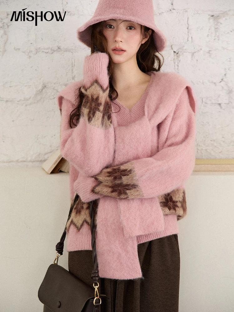 Women's Sweaters MISHOW Jacquard Pullovers For Women 2026 Winter Fashion Retro Geometric Pattern V Neck Knitted Sweater With Shawl d9