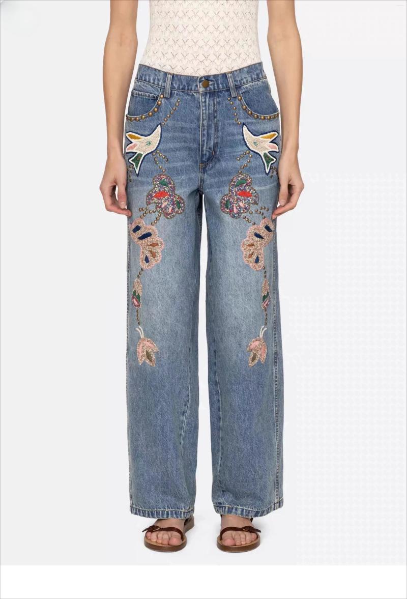 Jeans da donna Pantaloni romantici con fiori e uccelli ricamati 5a