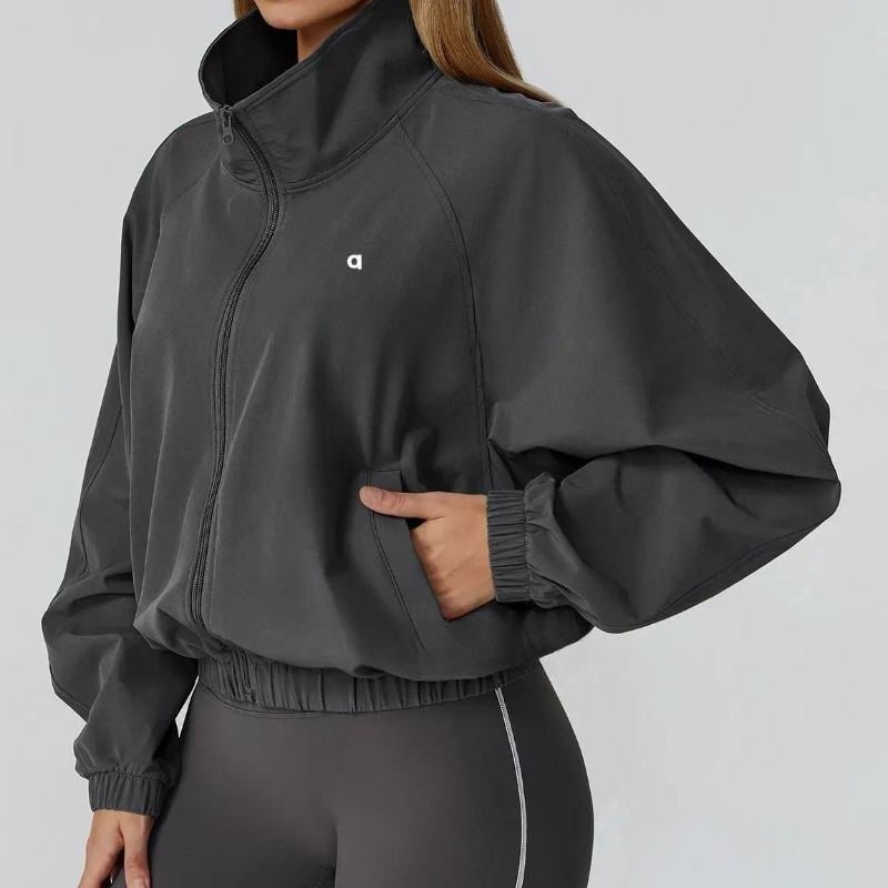 Women Quick Drying Stand Up Collar Sports Jacket with Zipper Windproof Long Sleeved Yoga Suit for Outdoor Running Fitness-jackets