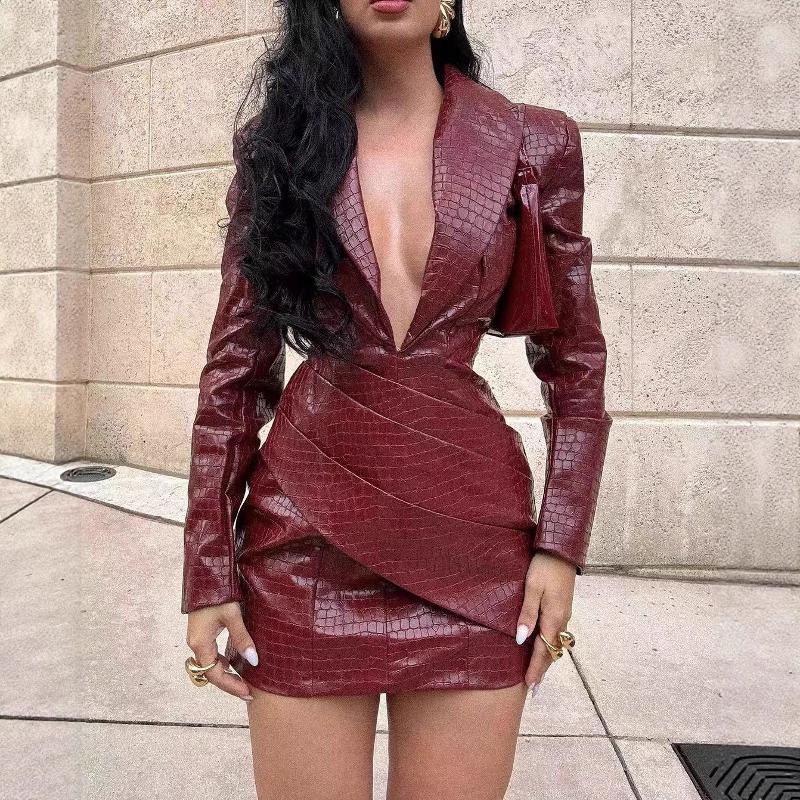 Womens Crocodile Print PU Leather Mini Dress Deep V Neck Blazer Collar Long Sleeve Bodycon Wrap Dress Wine Red Sexy Party Club Short Dress