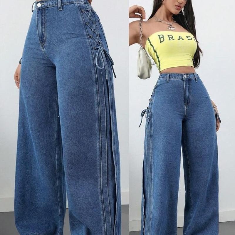 Jean en Denim ample à jambes larges pour femmes, taille haute, fermeture à bouton classique, lacets latéraux et rayures verticales, pantalon en j