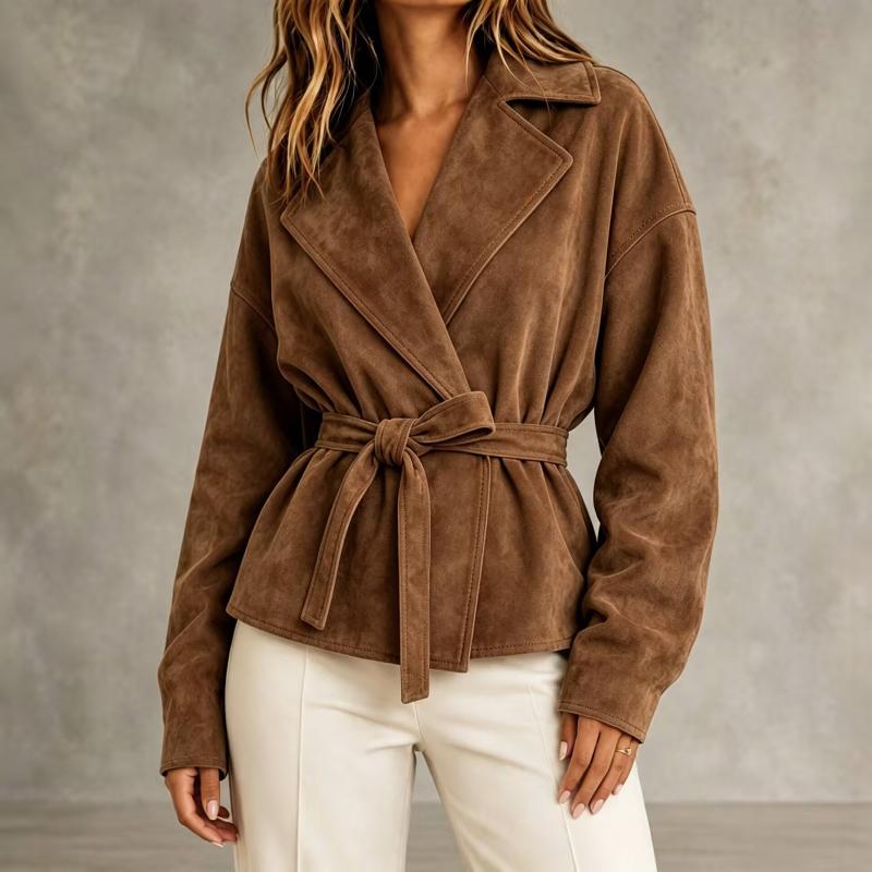 Veste portefeuille tendance pour femme en faux suède, col à revers cranté, manches longues, ceinture à nouer réglable, design à la taille, silhou