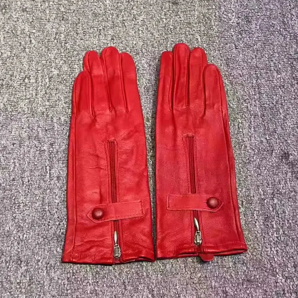 Women's Red Sheepskin Leather Zipper Gloves Girls Motorcycle Riding Driving Dancing Glove R3213 260902