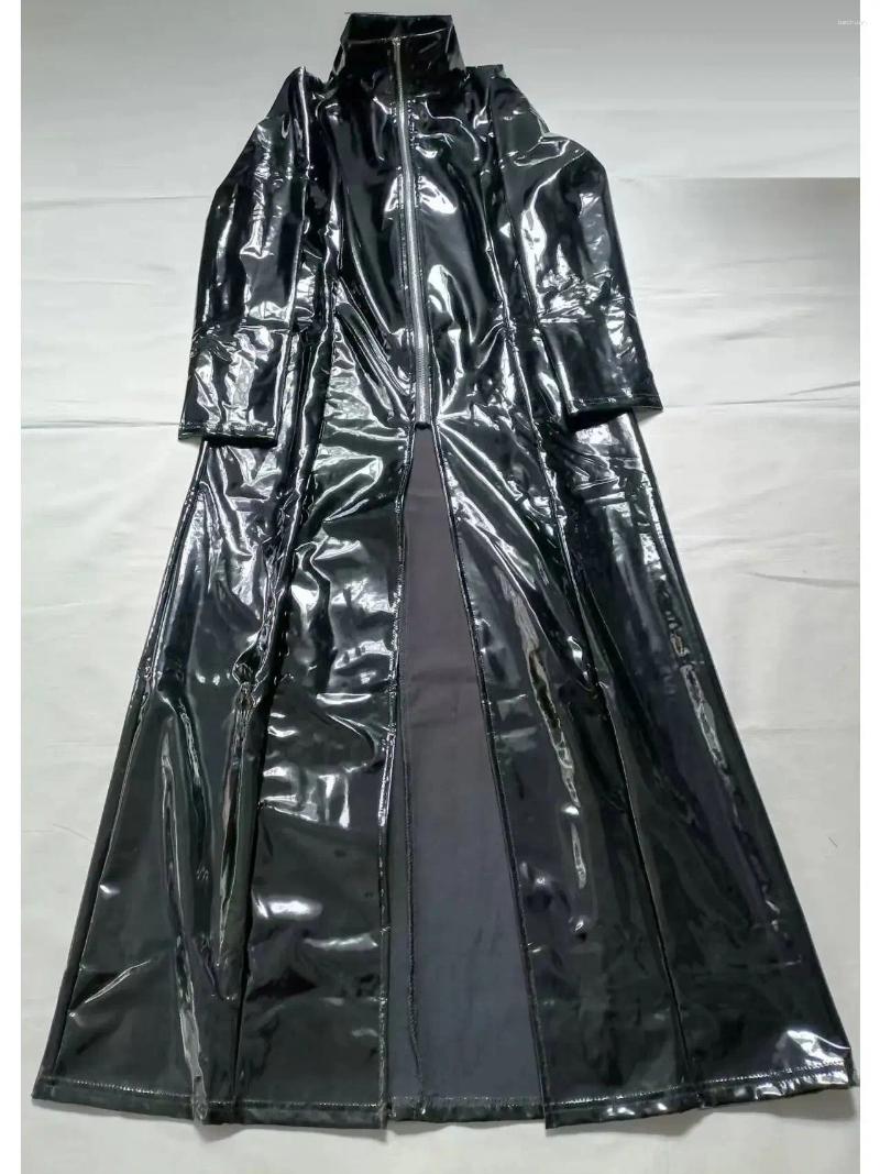 Women's Trench Coats Wet Look PVC Jacket Long Sleeve Dresses Shiny PU Leather Windbreaker High Split Wind Coat Stage Performance Gothic Tops 52