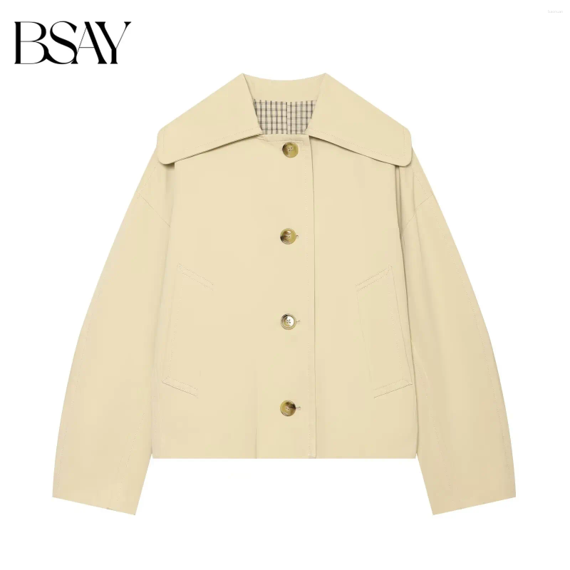 Women's Trench Coats BSAY British Style Women Cropped Coat Wide Lapel Single Breasted Button Front Loose Long Sleeve Lined Casual Outerwear af
