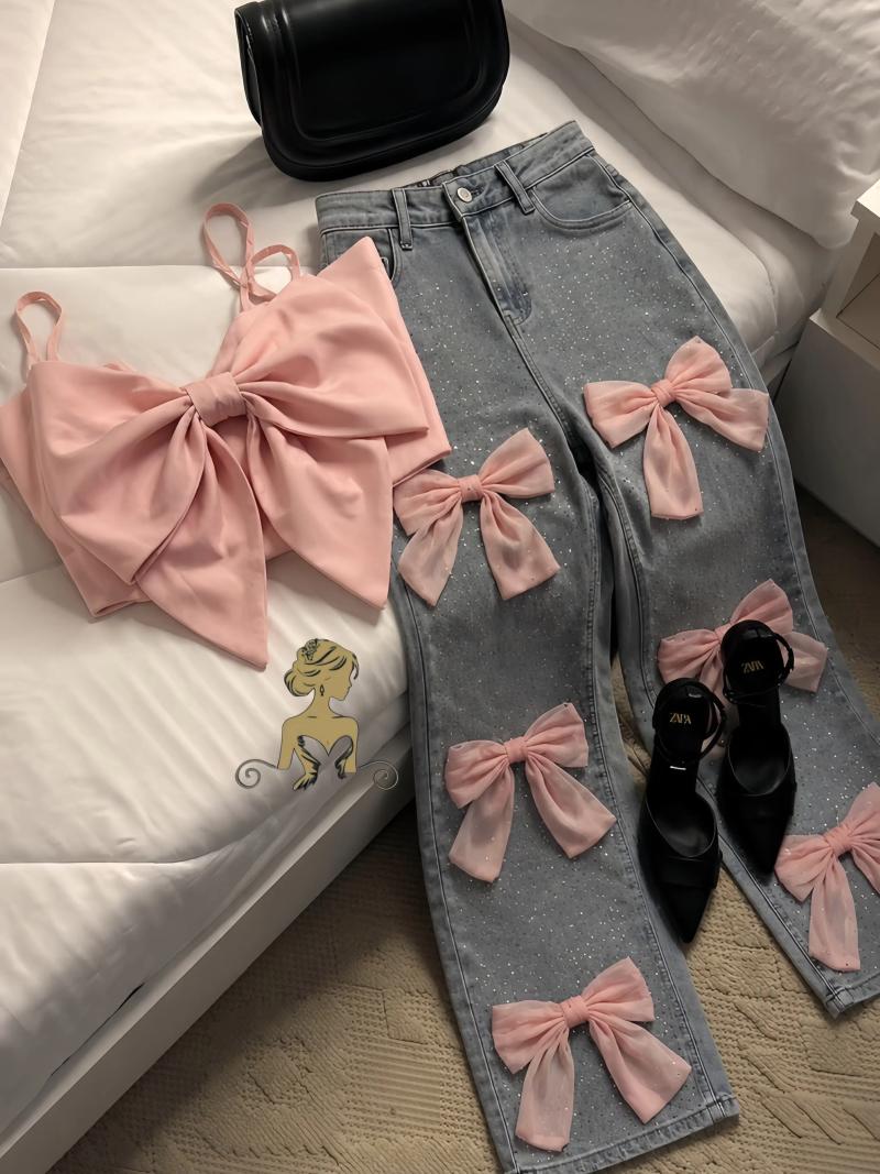 Jeans da donna Y2K Donna Vita alta Gamba larga 3D Fiocco rosa Decor Strass Pantaloni denim scintillanti Pantaloni larghi dritti 7c