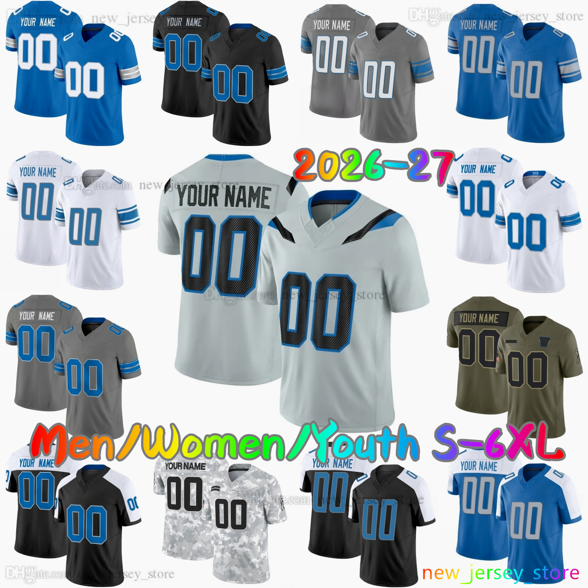 2026-27 Custom DIY New 16 Jared Goff Football Jersey 0 Jahmyr Gibbs 14 Amon-Ra St Brown 87 Sam Laporta 58 Penei Sewell 1 Jameson Williams Jack Campb