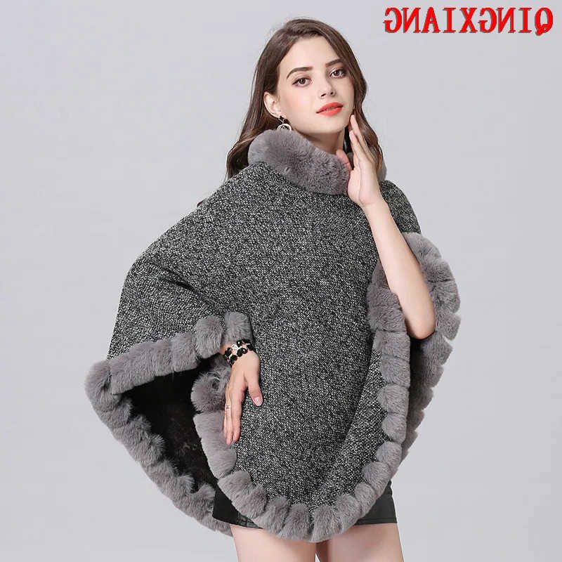 Colors 10 Velvet Warm Pullover Cloak Winter Hole Faux Rabbit Fur Strt Wear Women Capes Solid Poncho Knitted O Neck Loose Coat S261013