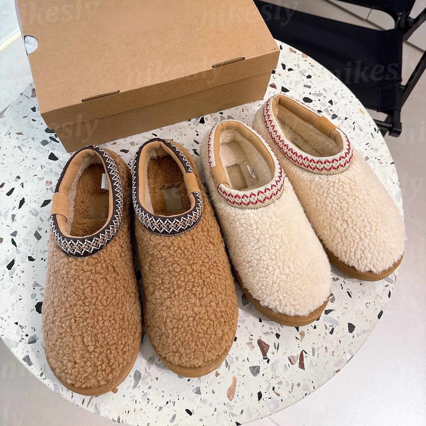 Pantuflas Tasman para mujer, botas de invierno, mulas, forro superior de piel de oveja, forro de felpa, colores beige, marrón, cálido, interior, ext