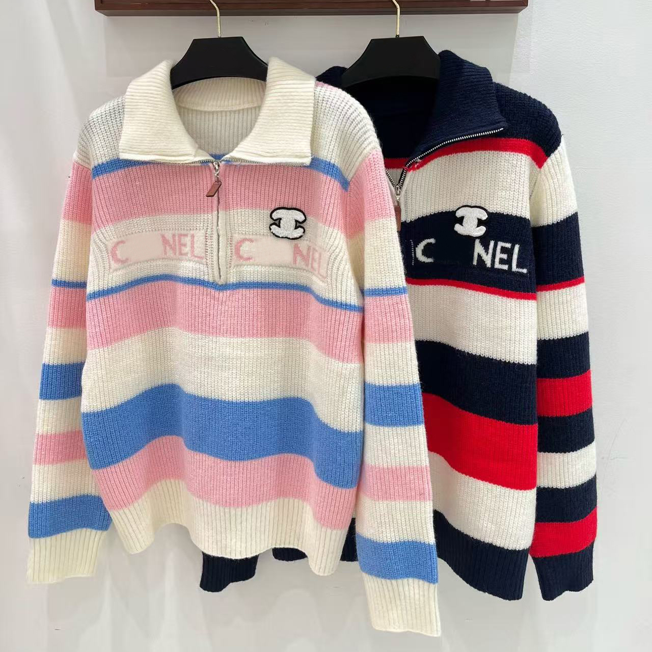 Designer's New Women's Soft Knitted Contrast Splicing Chest Logo Collar Hoodie Long Sleeve Sweater Women's Top Fashion Casual Jacket
