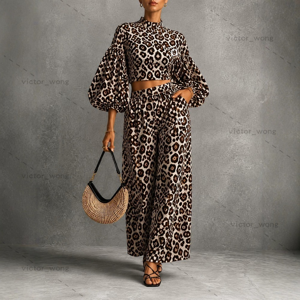 26FC125 Designer Women Leopard Print Two Piece Set Ruffle Mock Neck Puff Sleeve Crop Top Wide Leg Pants Outfit For Party Holida