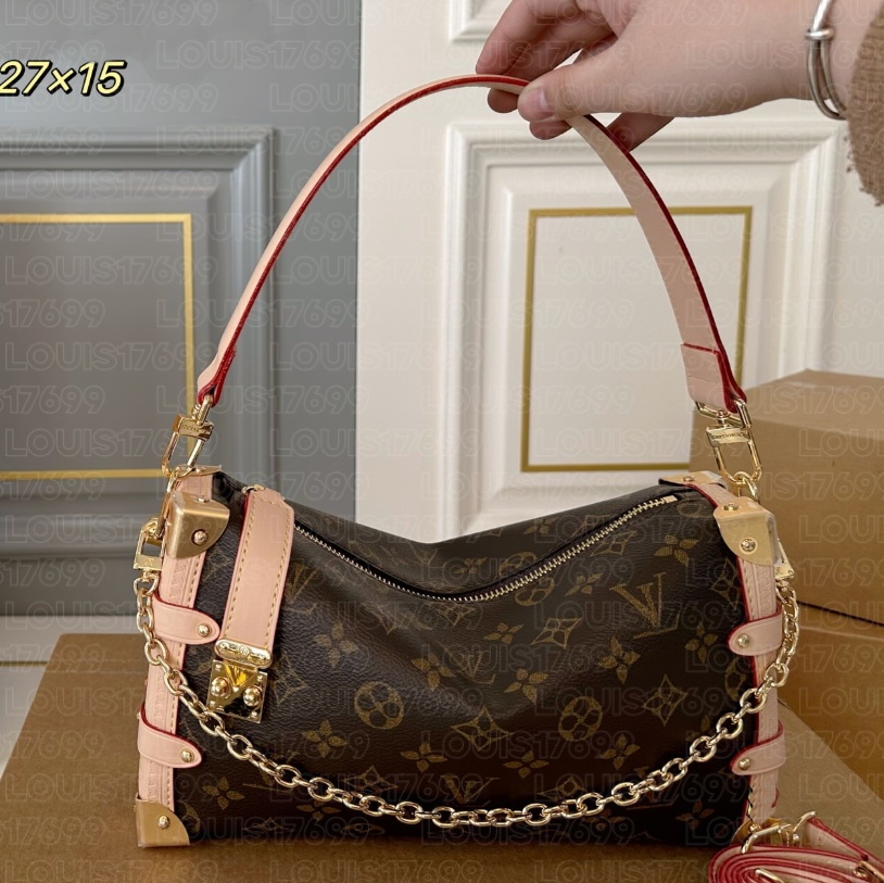 top Luxurys Vintage Monogram Hobo Shoulder Bag Women Retro Canvas Side trunk Underarm Handbag Metal Chain Designer Shopping bag wallet