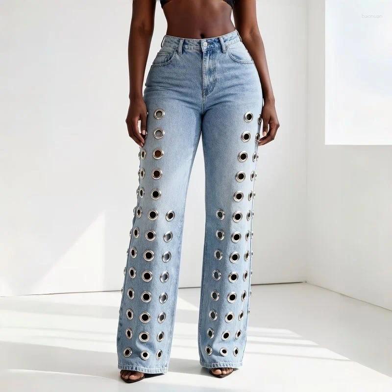 Jeans da donna per ragazze moda anello in metallo ritaglio scava fuori gamba dritta femminile vita media pantaloni slim fit in denim pantaloni da do