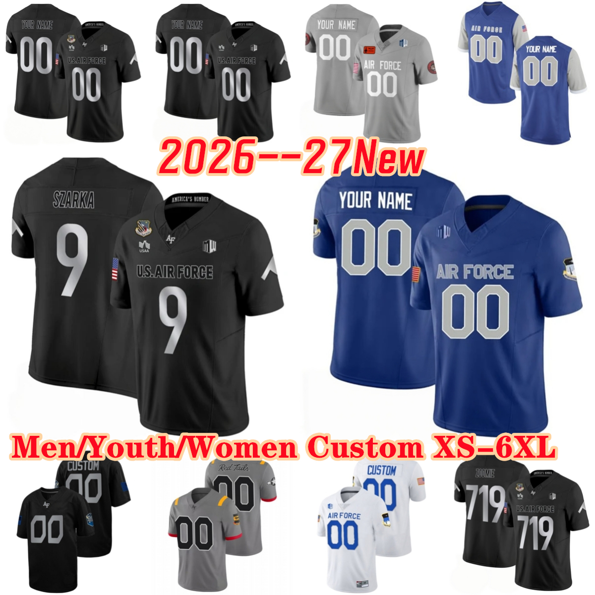 Custom DIY 2026-27 New Air Force Falcons College Football Jerseys 9 Liam Szarka Zoomie 2 Owen Allen 3 Kyle Chen 0 Luke Fisher 4 Kemper Hodges 87 Cha