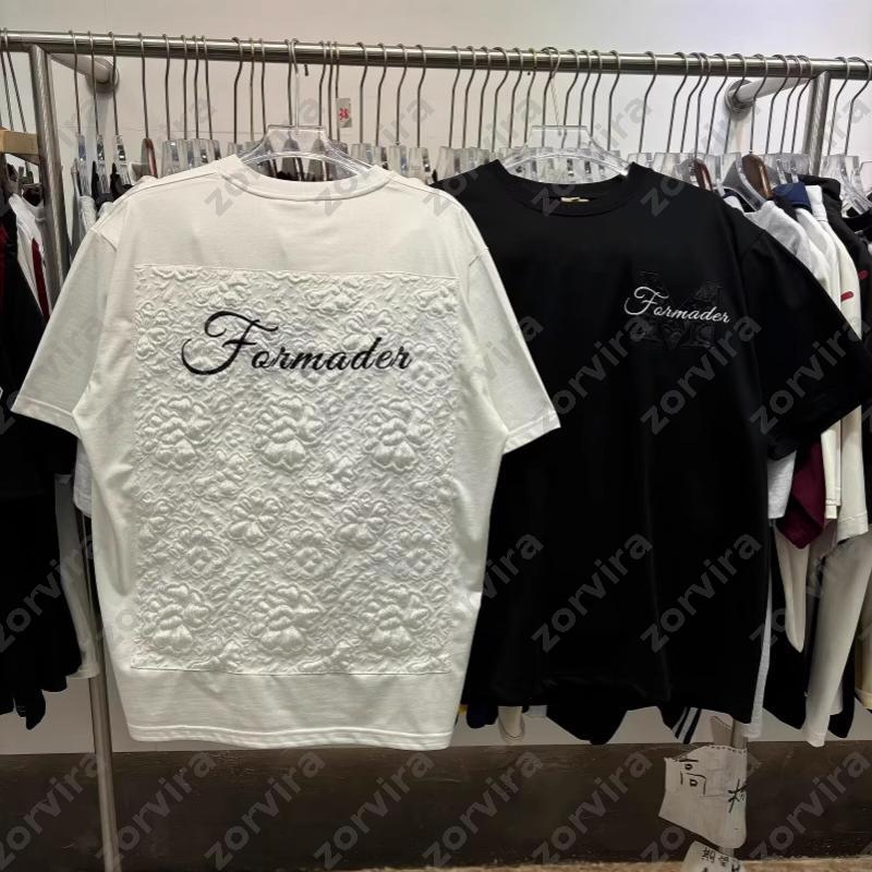 T-shirt surdimensionné en coton épais pour hommes Texture florale en relief au dos avec broderie de lettres cursives T-shirt décontracté à manche