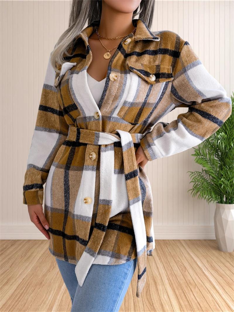 Women's Wool Women Flannel Fashion Plaid Shirt Single breasted Long Cardigan Casual Jacket 2026 Fall And Winter Tops With Belt 0b